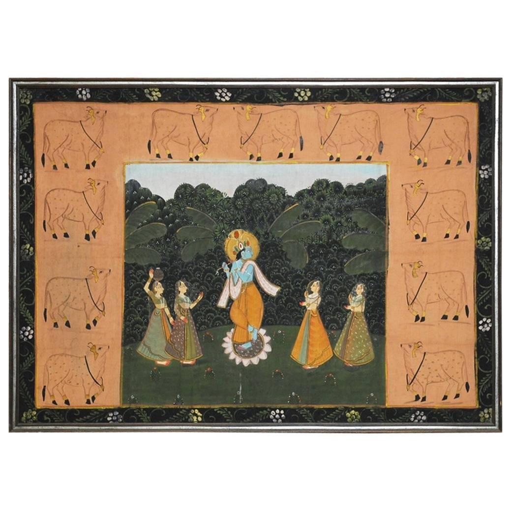 Pichhwai Hindu Painting of Krishna on Silk with Sacred Cows