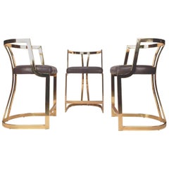 1970s Sculptural Brass and Black Leather Bar Counter Stools, Set of Three