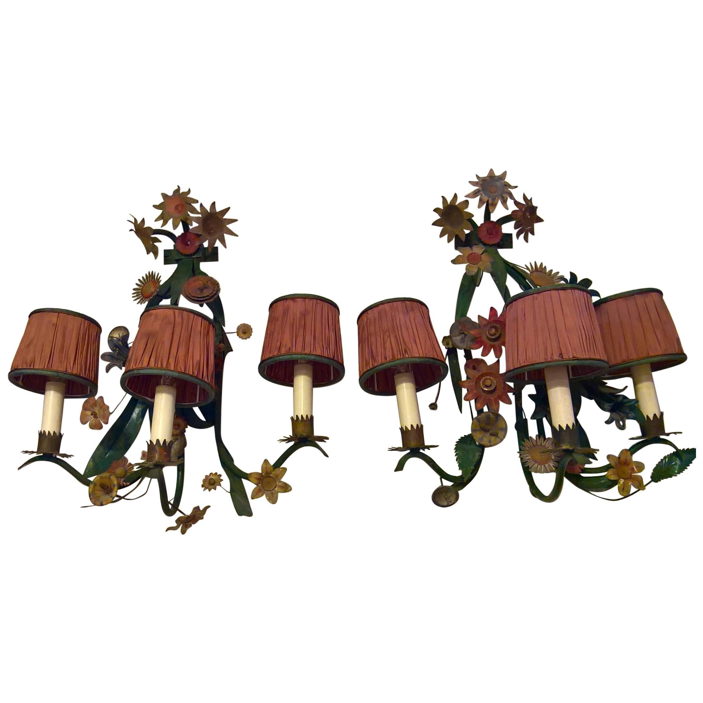 19th Century French Pair of Wall Lamps with Metal Bouquets and Silk Shades