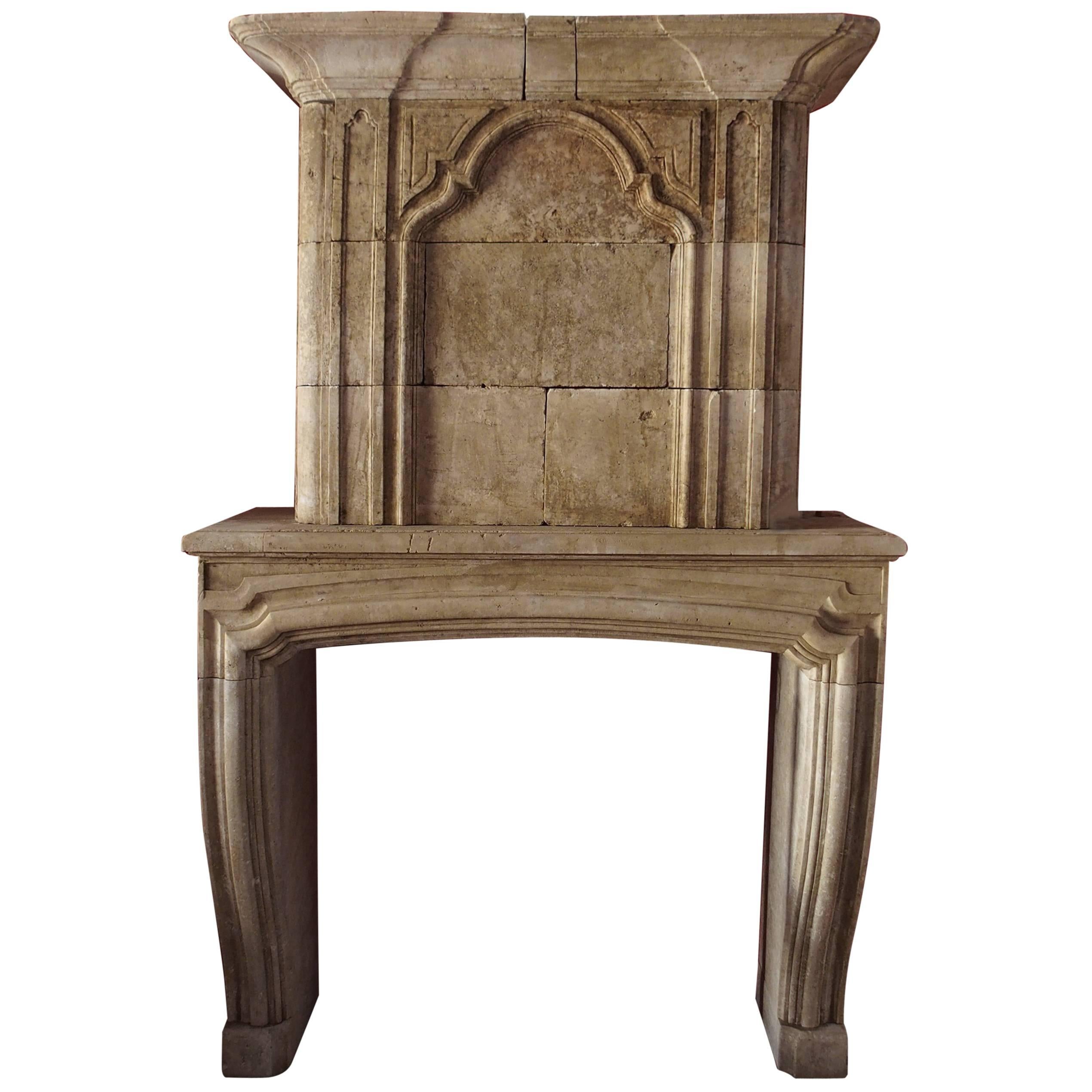18th Century Louis XV Fireplace with Trumeau Hand-Carved in Limestone, France For Sale