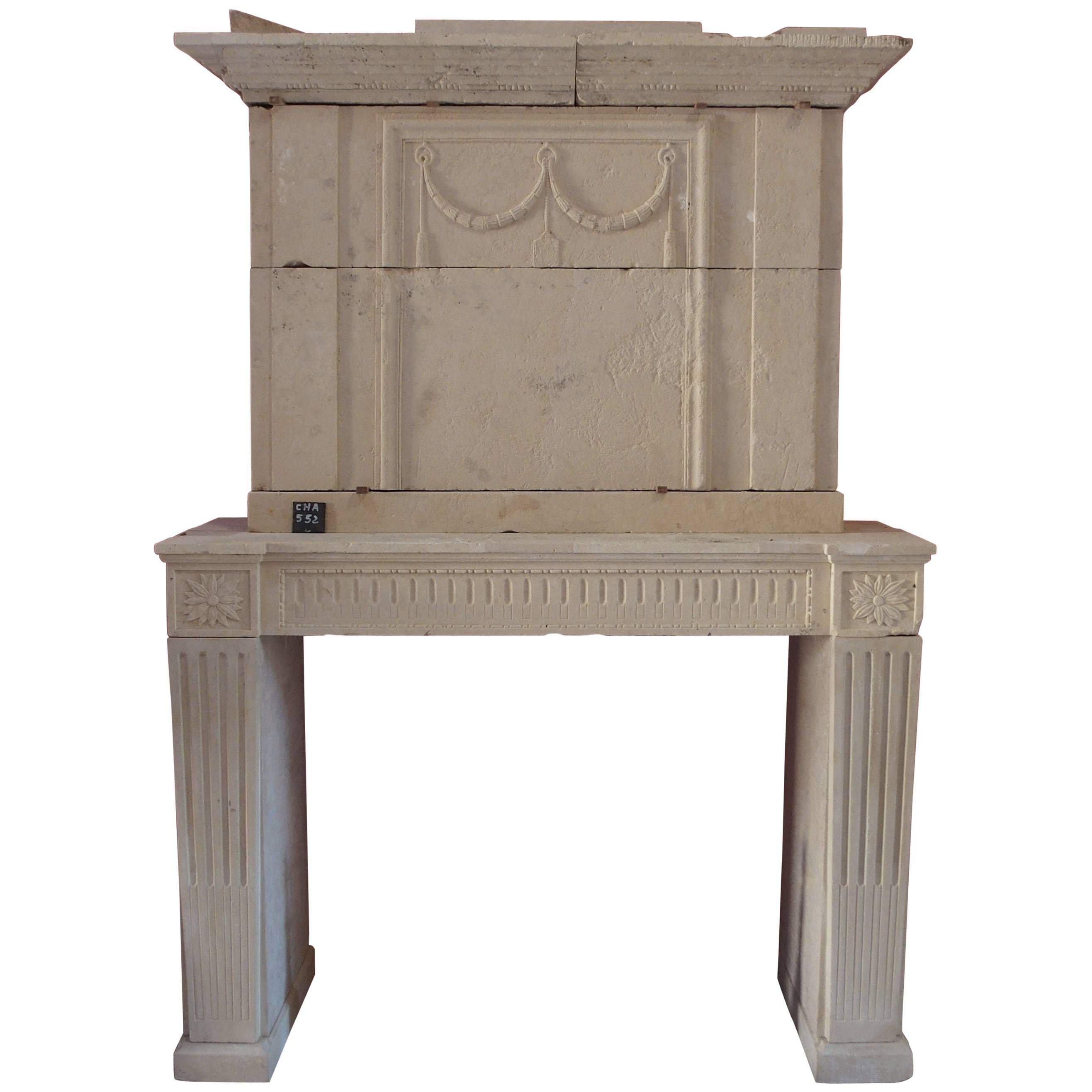 18th Century Louis XVI Fireplace with Trumeau Hand-Sculpted in Stone, France For Sale