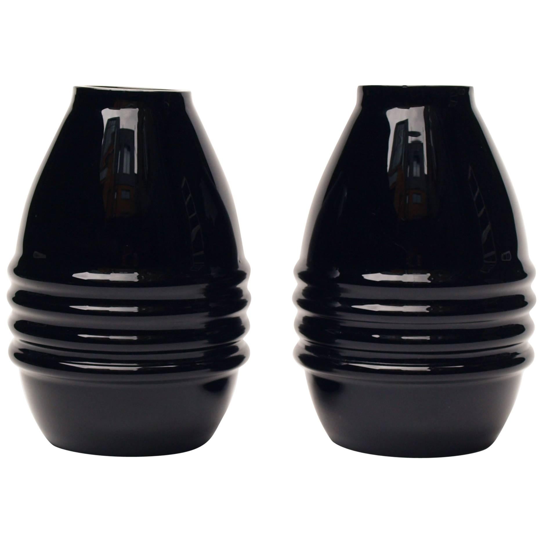 Pair of Black Opaline Vases Attributed to Jacques Adnet