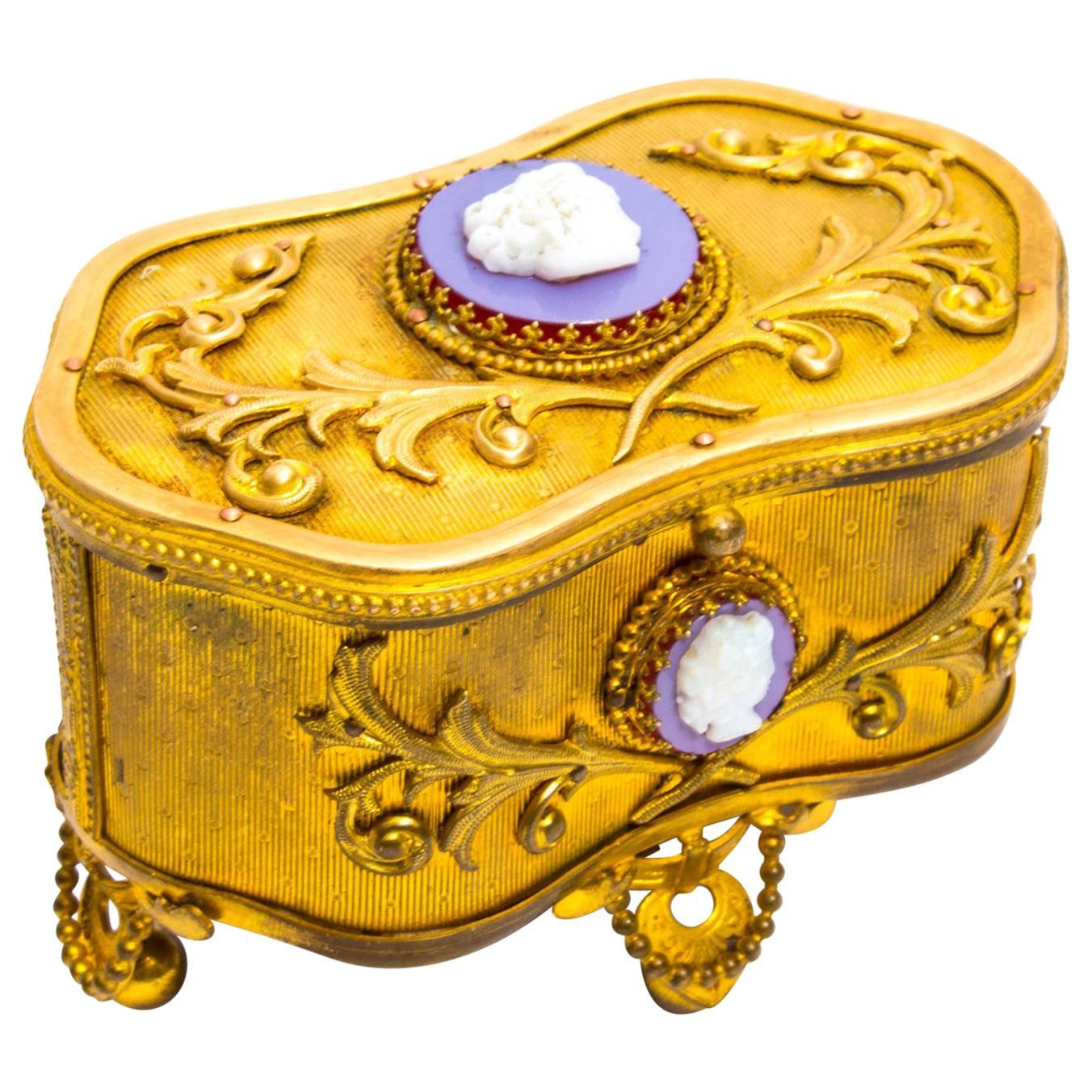 19th Century French Gilt Bronze Jewelry Casket with Cameos