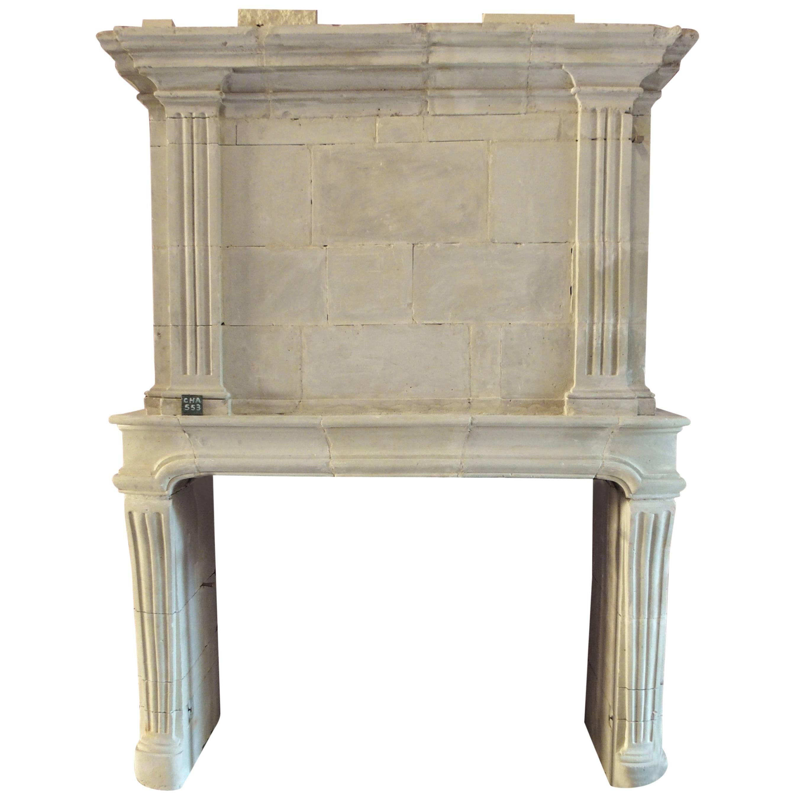 18th Century Louis XV Fireplace with Trumeau Hand-Sculpted in French Limestone For Sale