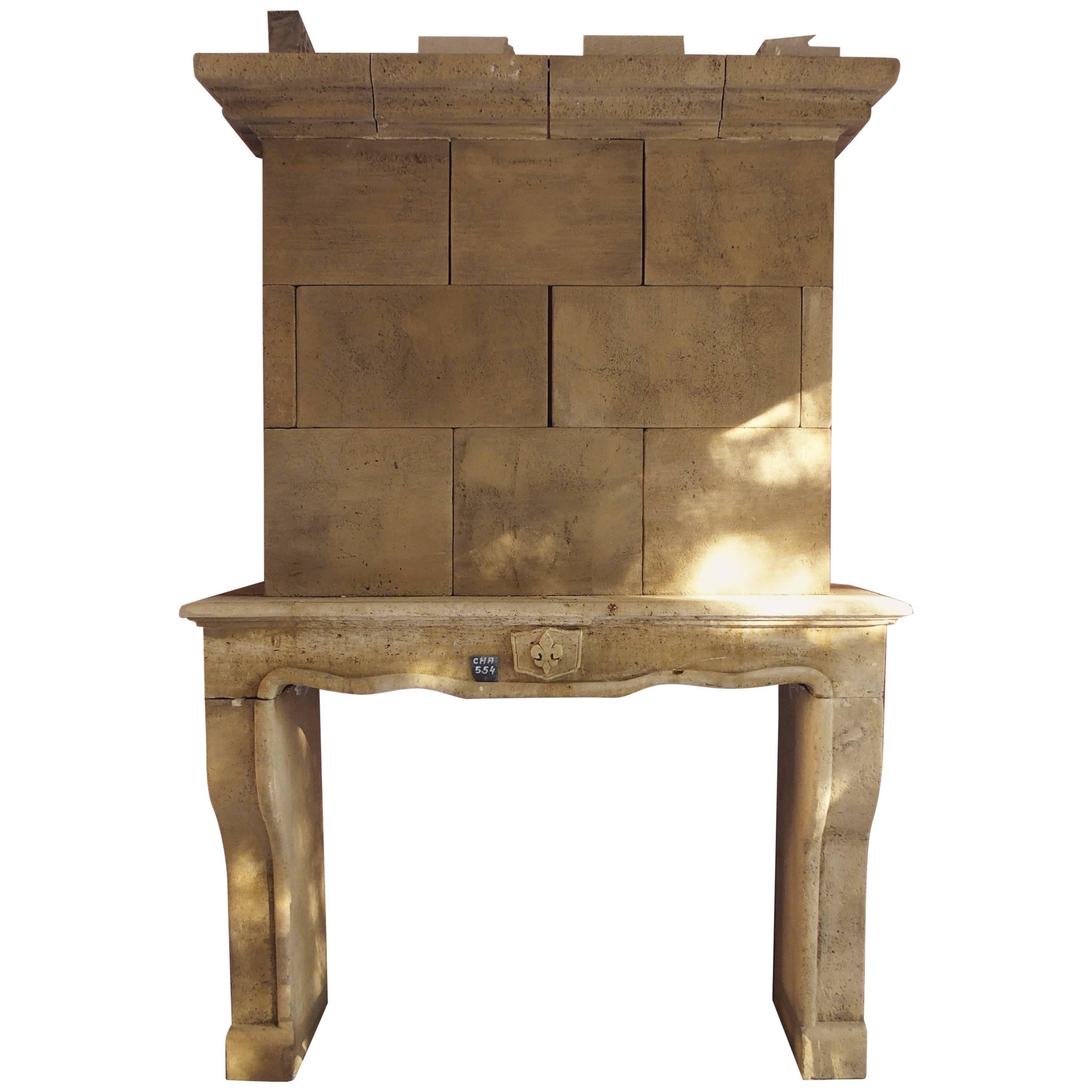 18th Century Louis XV Stone Fireplace with Trumeau and Sculpted Fleur-de-Lis For Sale