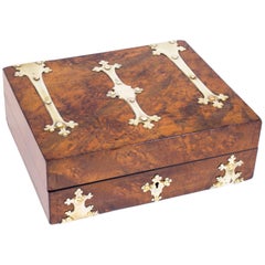 Antique Victorian Burr Walnut Casket Jewelry Box, circa 1860