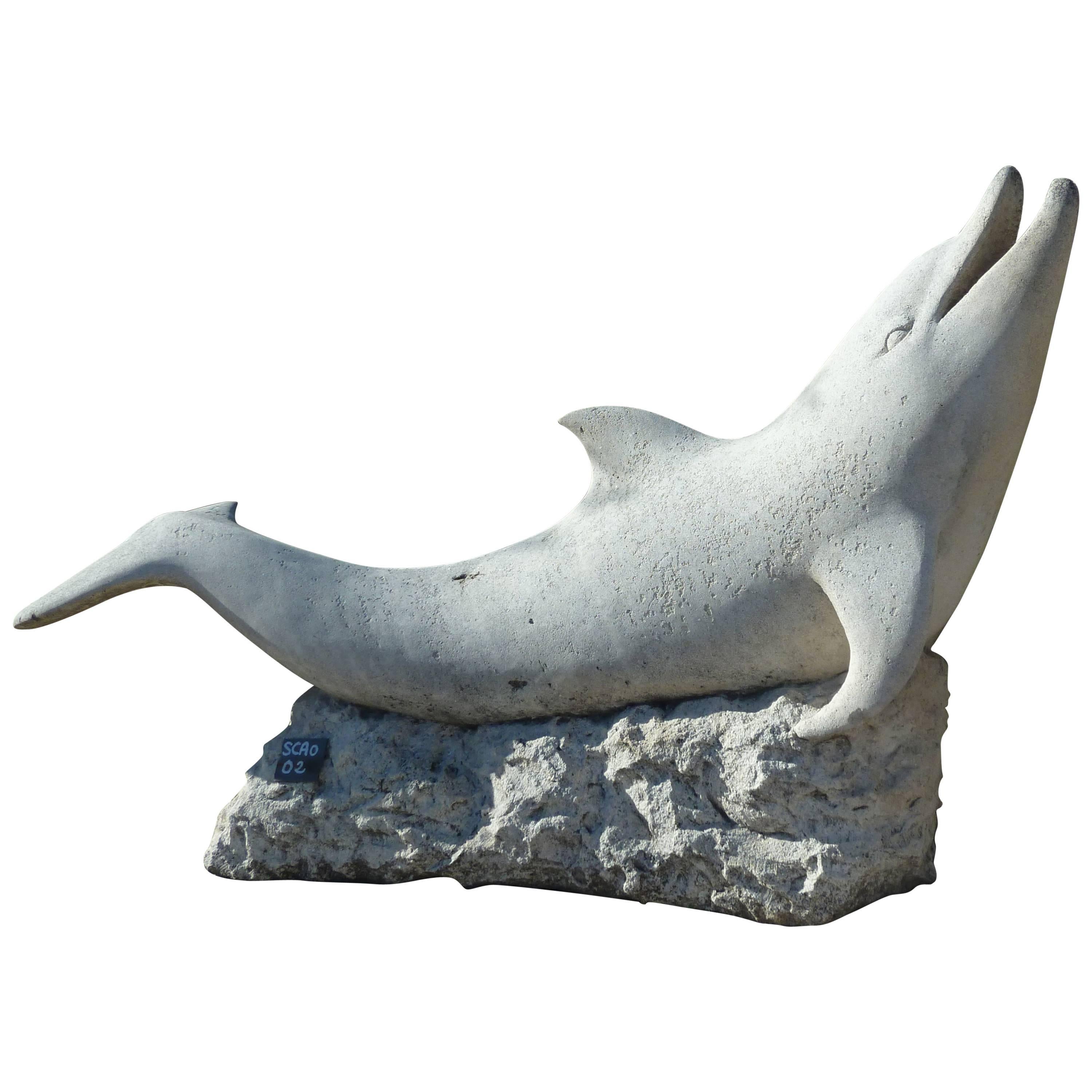 20th Century Hand-Sculpted Dolphin in French Natural Limestone, Provence For Sale