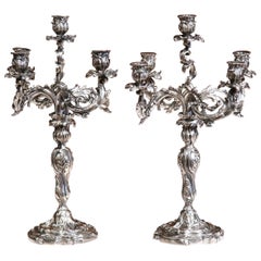 Pair of 19th Century French Louis XV Bronze Silvered Five-Arm Candelabras