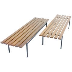 Set of Two Teak Wood and Metal Slat Benches from the 1960s 4