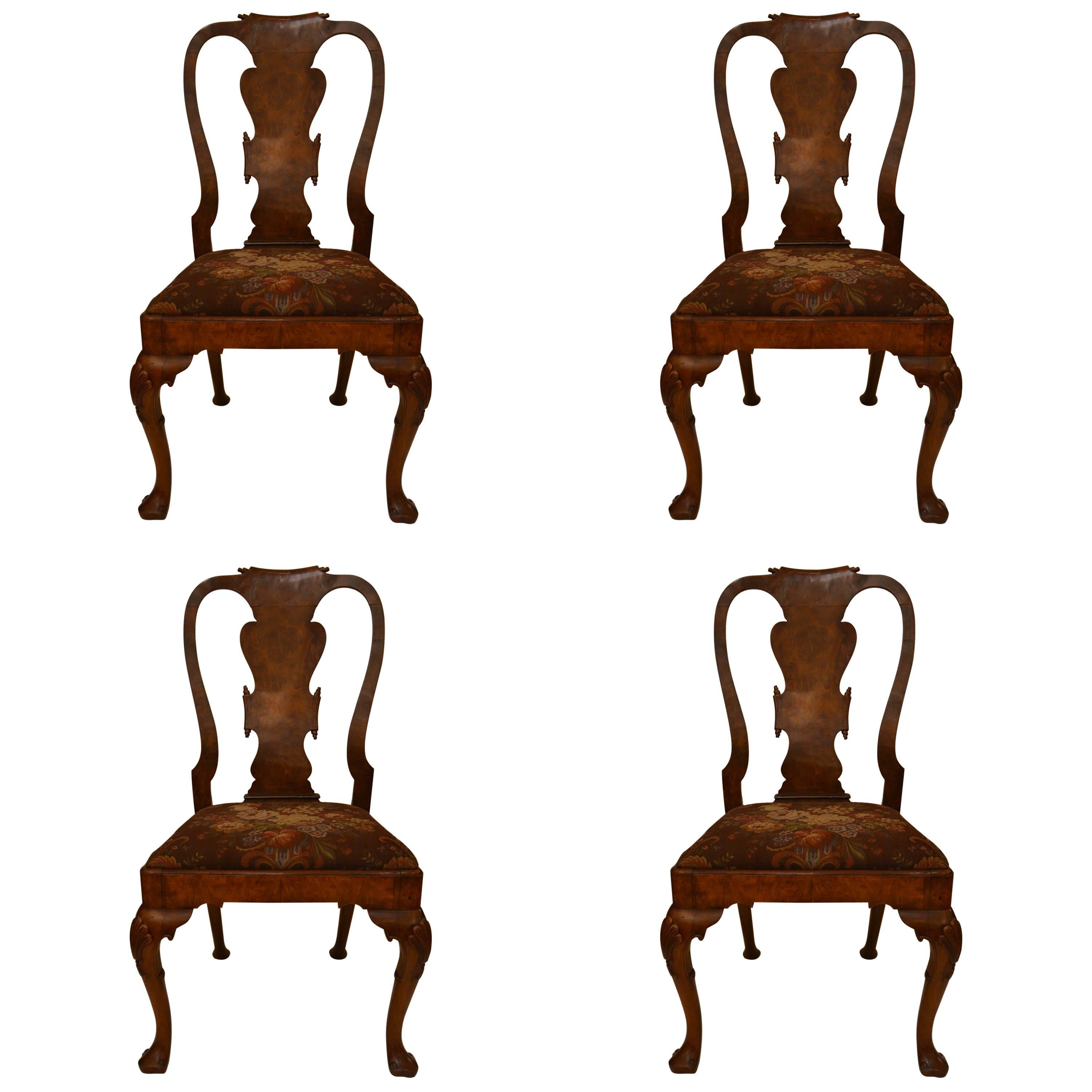 Set of Four 19th Century Antique Queen Anne Walnut Side Chairs