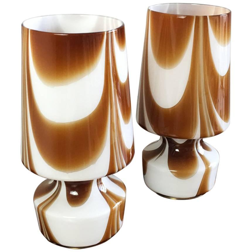 Pair of 1960s Belgian Table Lamps with Brass Base Glass Shades with Swirl Stripe For Sale
