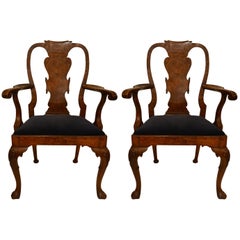 Pair of Antique Late 19th Century Queen Anne Burled Walnut Armchairs