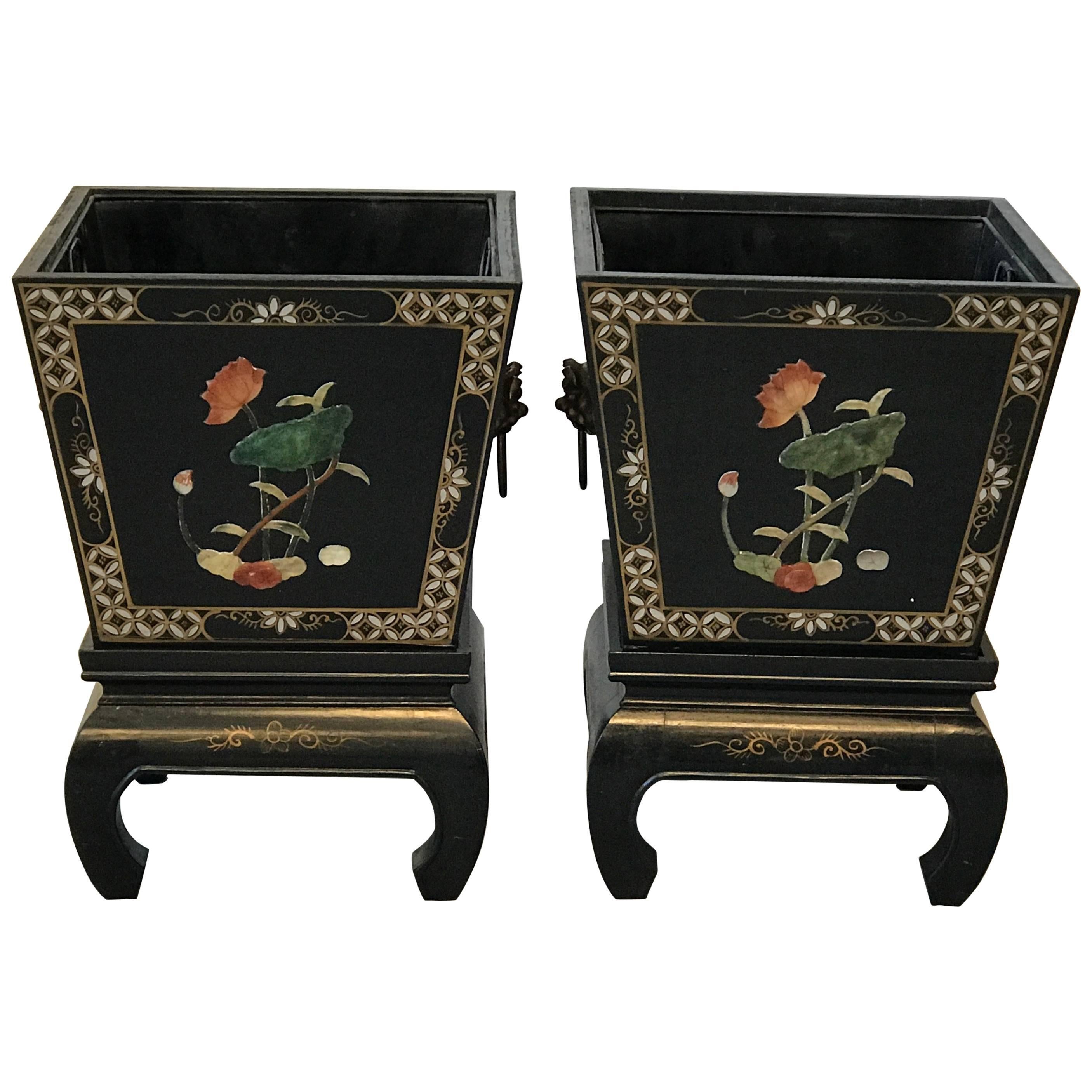 1960s Black and Gold Asian Planters on Stands with Brass Foo Dog Handles, Pair