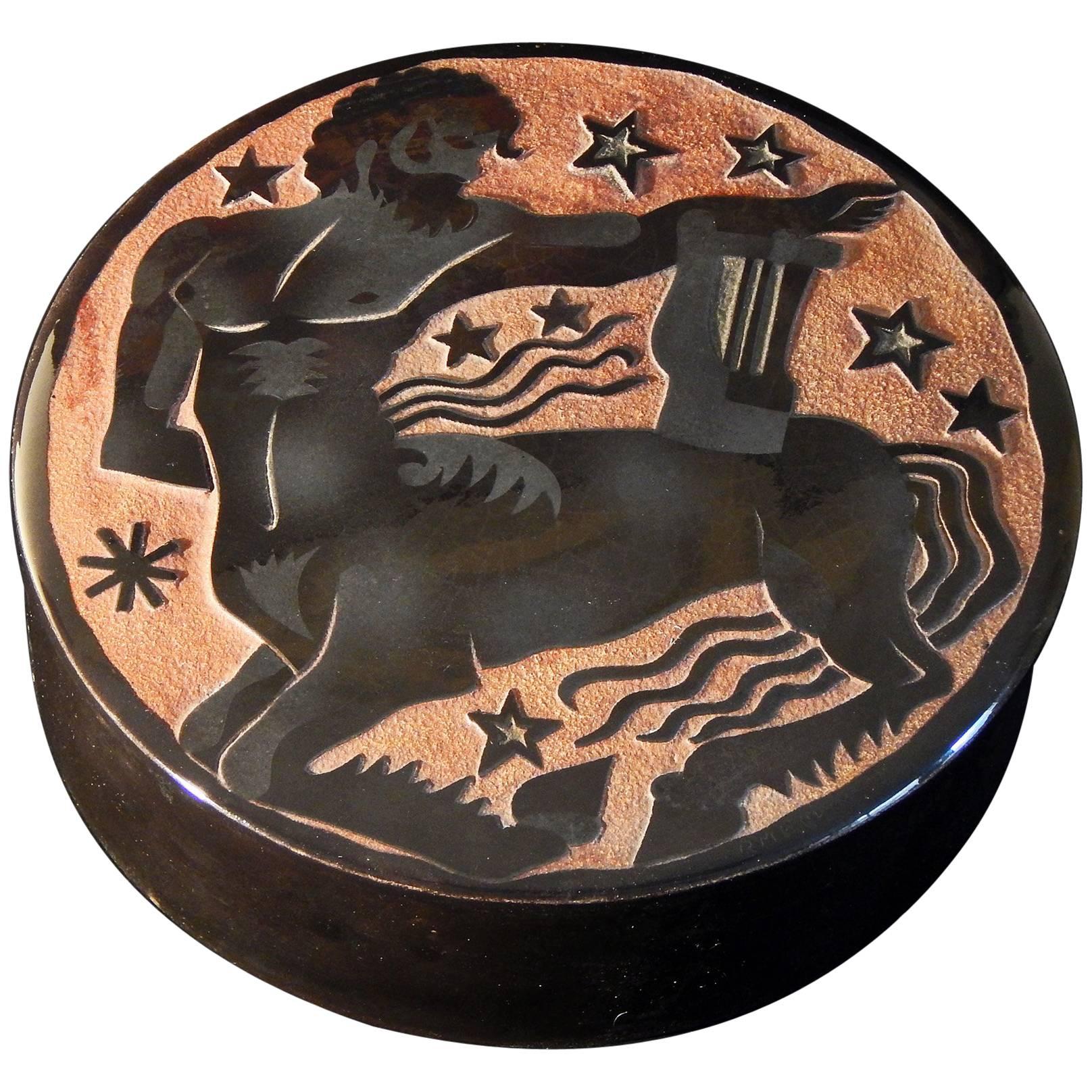 "Centaur with Harp, " Art Deco Ceramic Box with Cover in Black and Copper