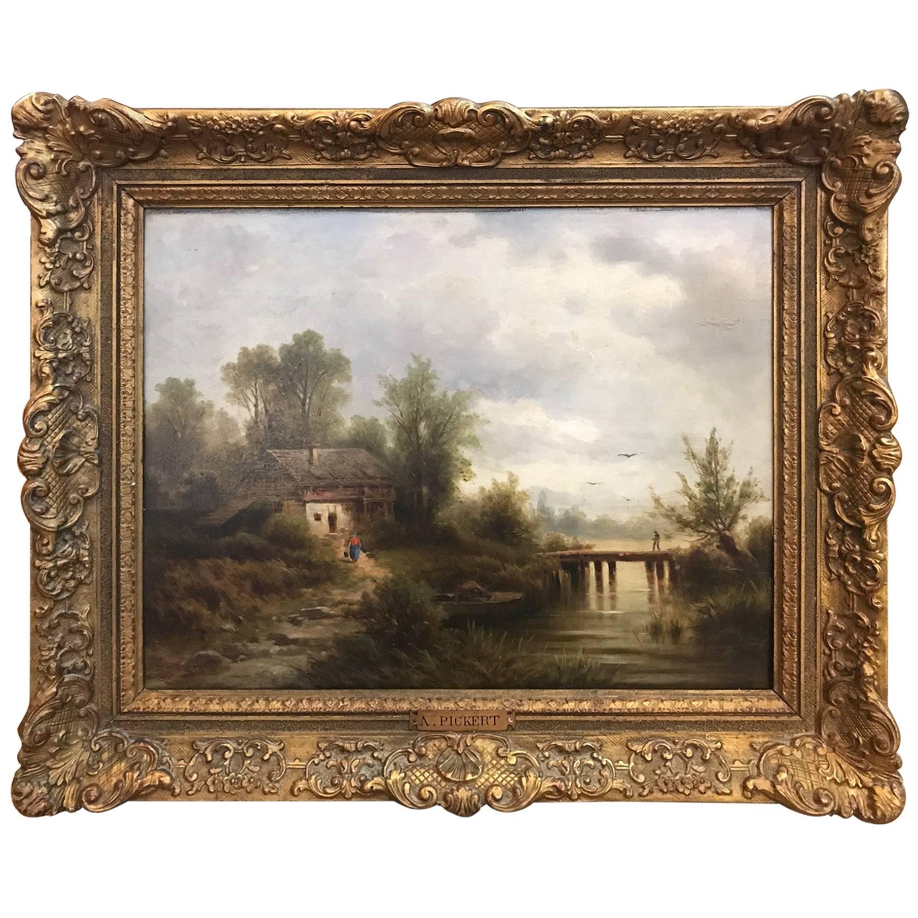 Antique Landscape Oil Painting on Board in Giltwood Frame, Signed by the Artist