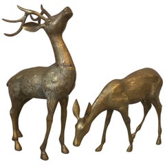1960s Pair of Large Brass Deer Male and Female Sculptures