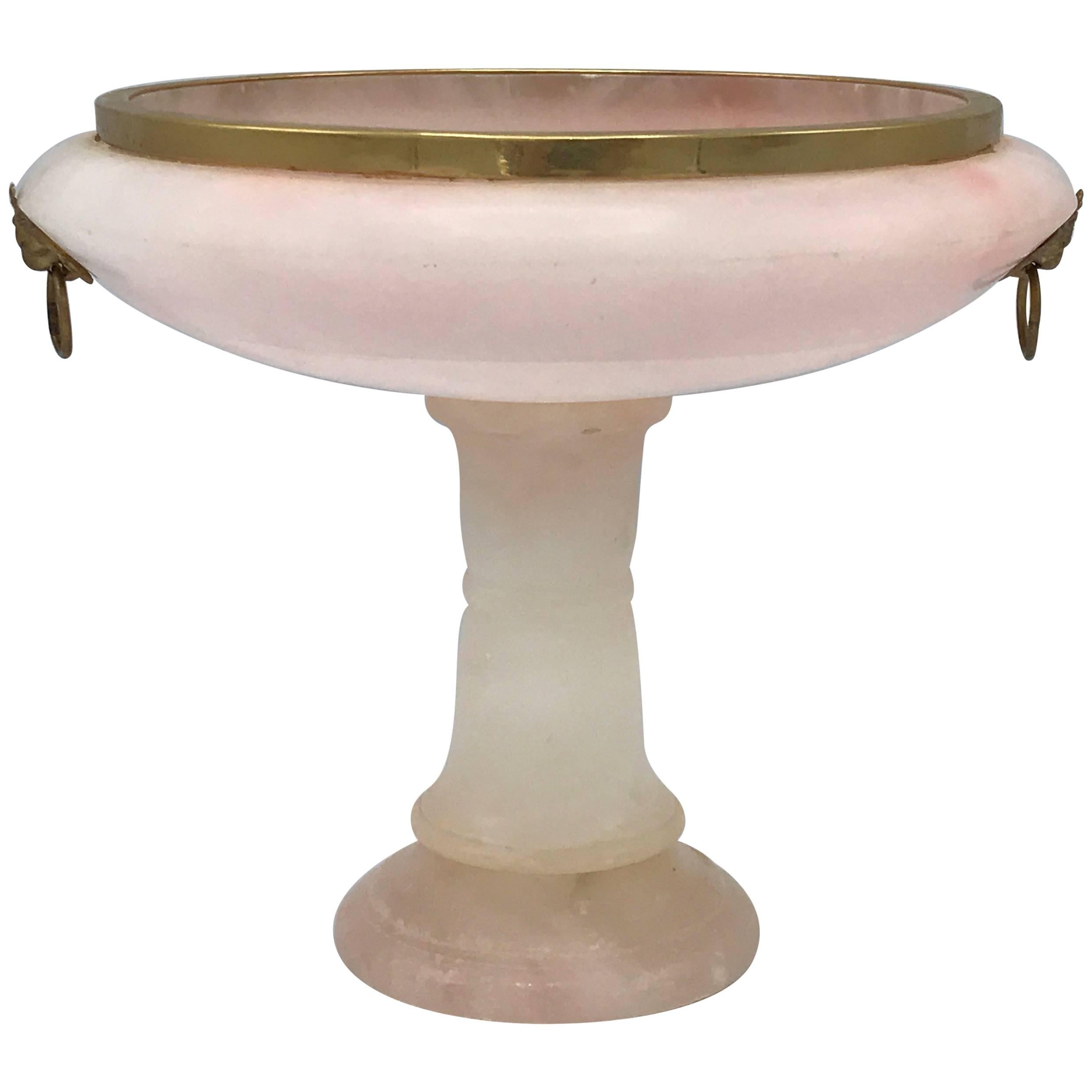 1930s Italian Pink Alabaster Pedestal Urn with Brass Lion Head Handles