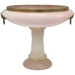 1930s Italian Pink Alabaster Pedestal Urn with Brass Lion Head Handles