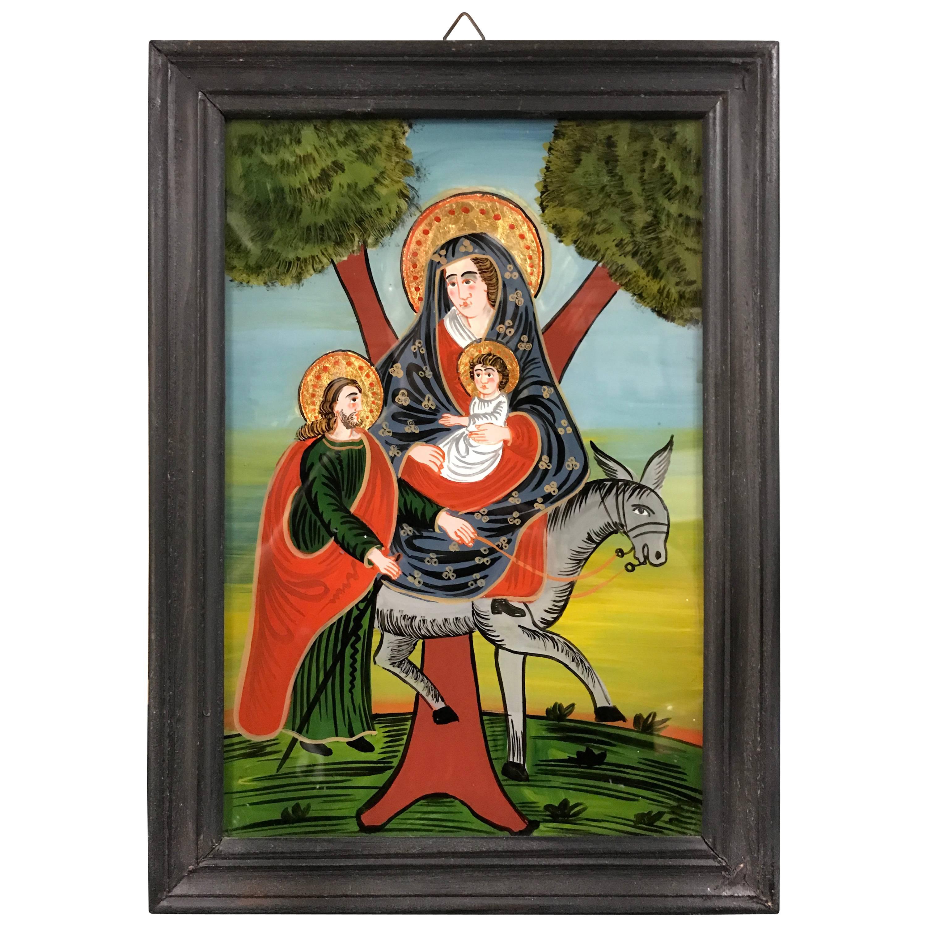19th Century Reverse Glass Painting of The Holy Family, "The Flight to Egypt"