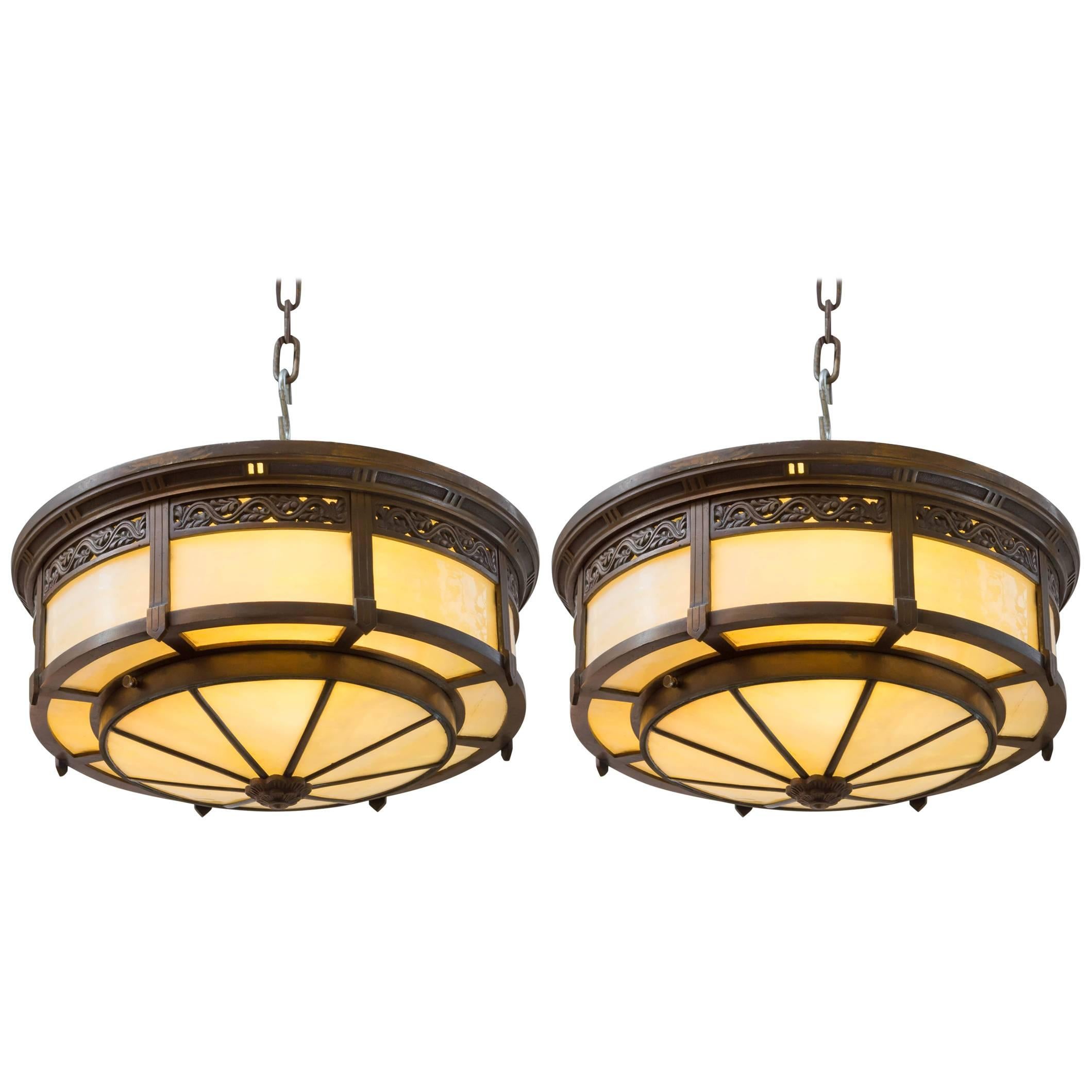 Pair of High Quality Bronze and Glass Flush Mount Chandeliers