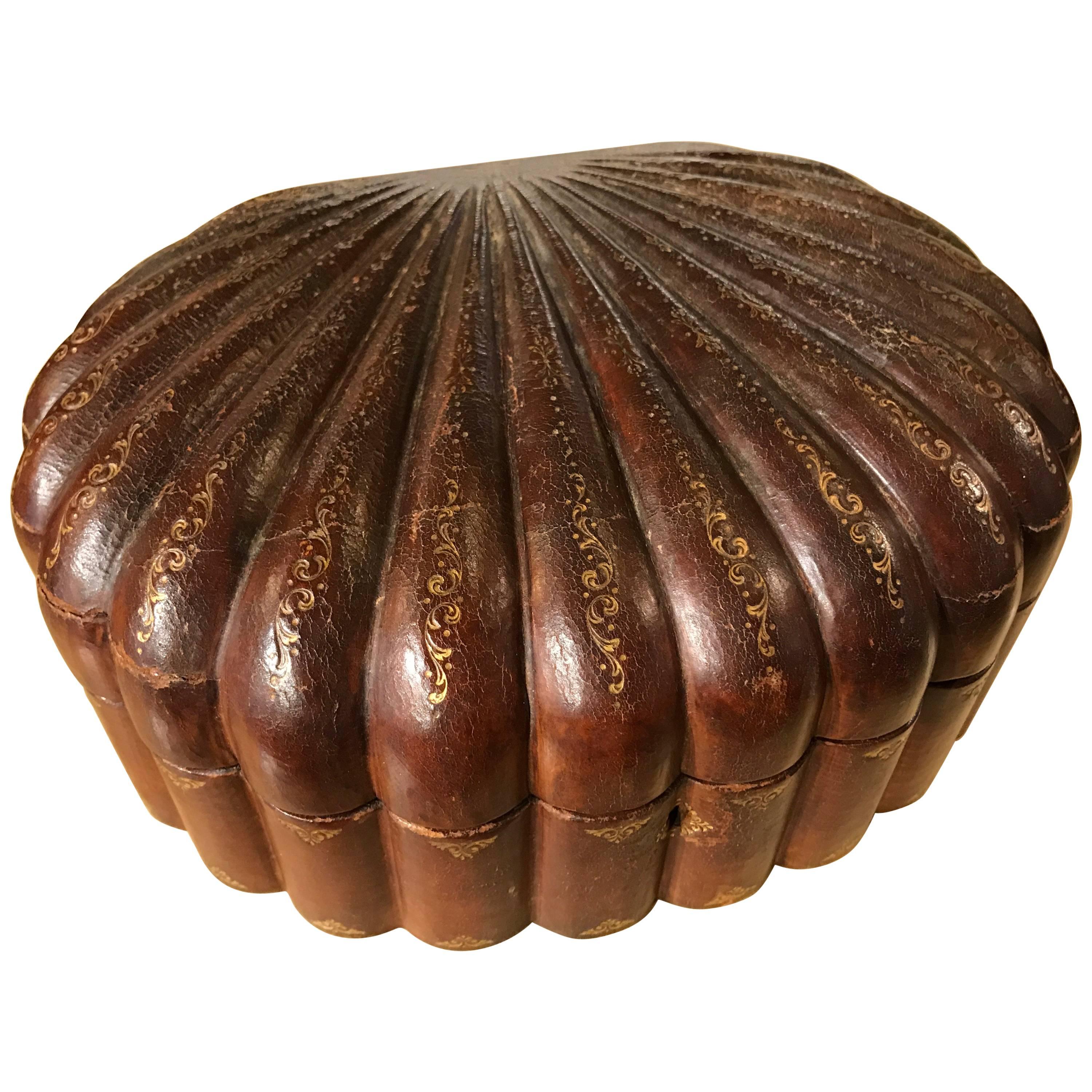 Italian Leather Scallop Shell Form Box with Gilt Tooling