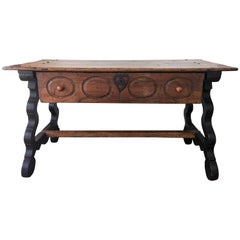 Antique 17th Spanish Refectory Table, Writing Desk, One Large Drawer