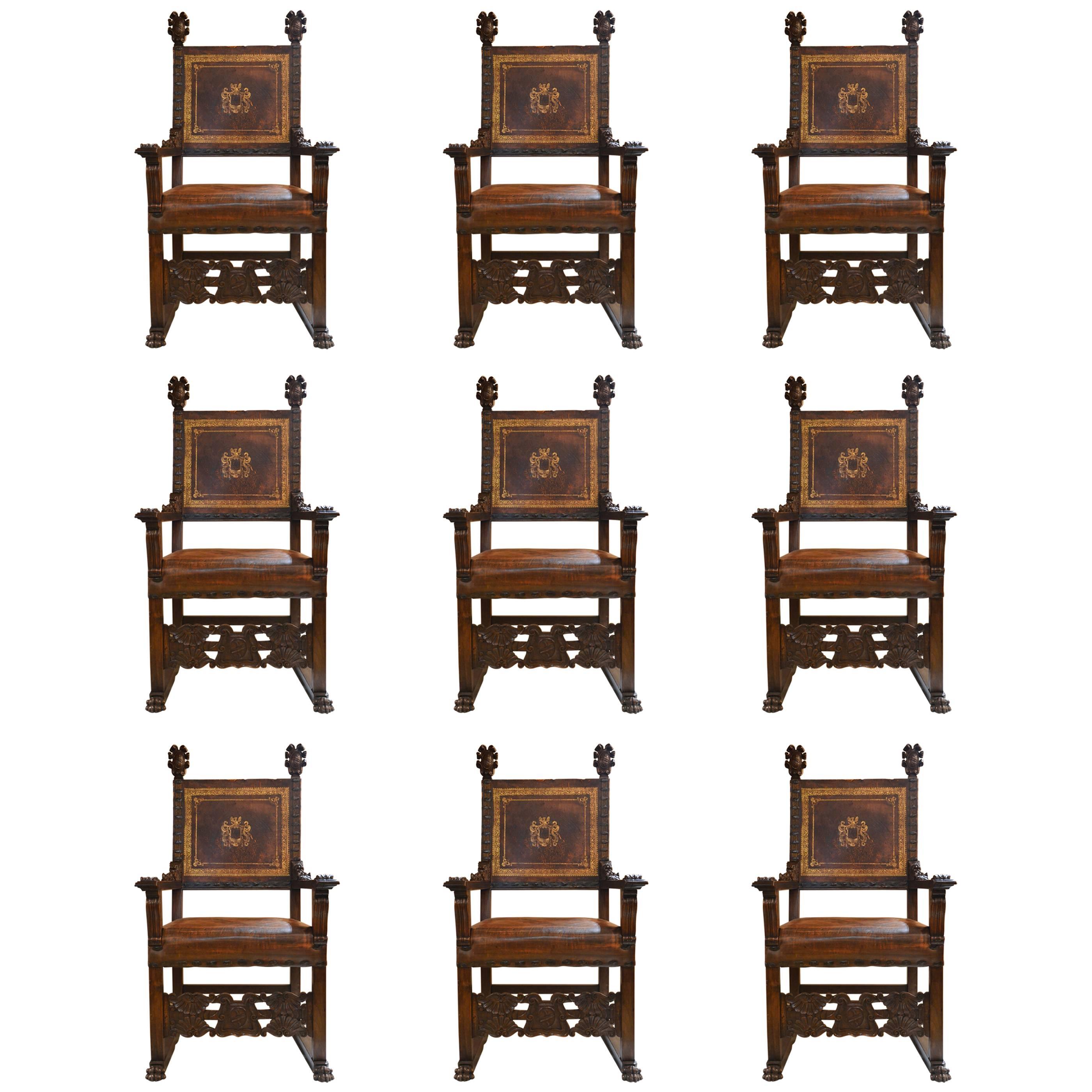 Set of Nine Antique Early 19th Century Oak and Leather Renaissance Chairs