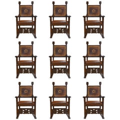 Set of Nine Antique Early 19th Century Oak and Leather Renaissance Chairs