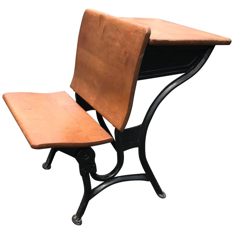 1920s English Oak And Iron School Desk With Mounted Chair At 1stdibs
