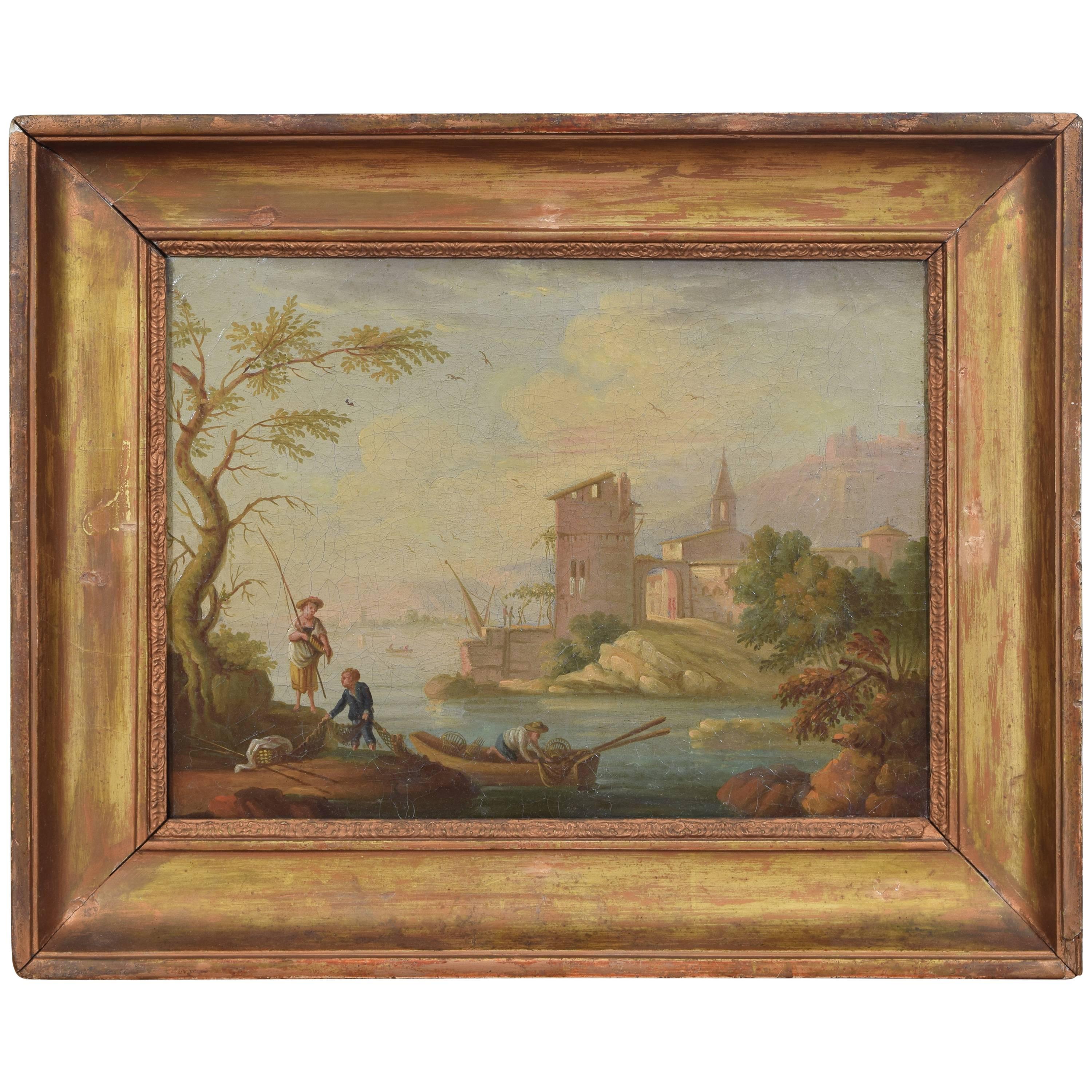 French Oil on Canvas, Lake Scene with Fishermen and Ruins