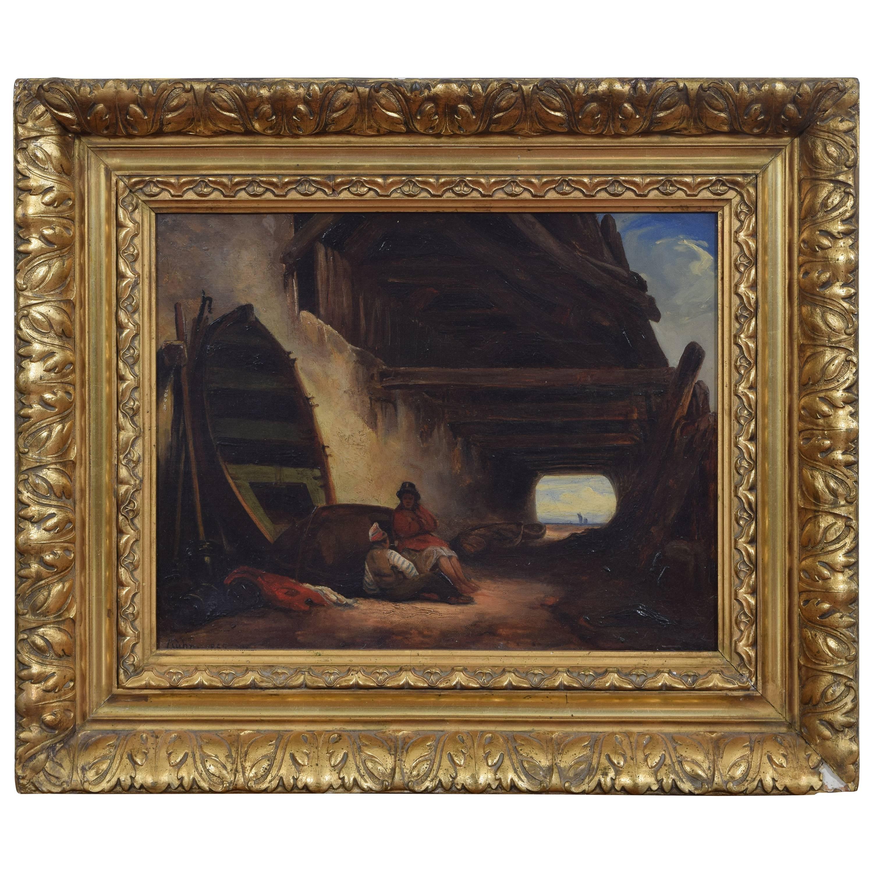 Huile sur toile continentale de deux personnages se détendant sous un chevalet, vers 1855 en vente