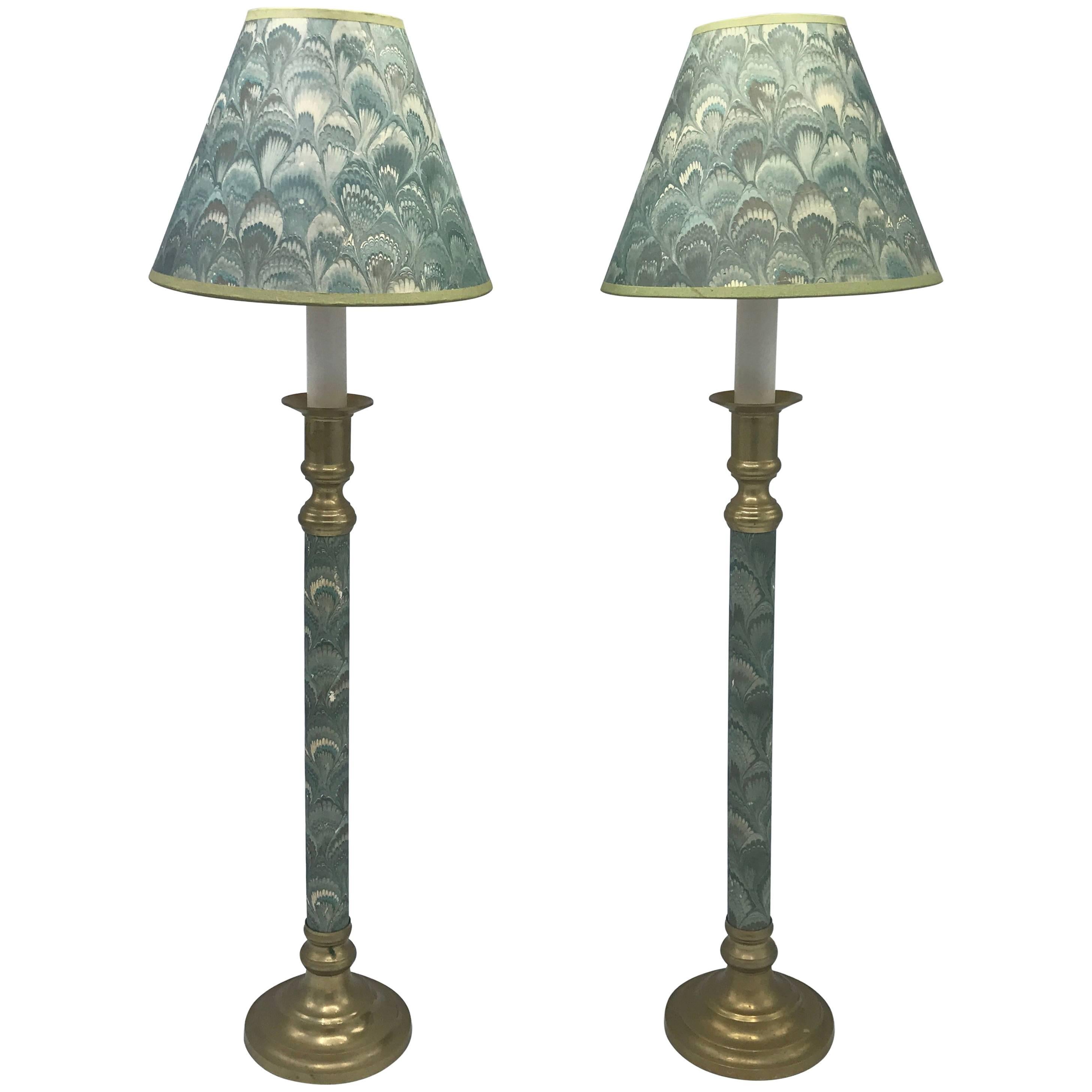 1950s Blue-Green Candlestick Lamps with Matching Water-Print Shades, Pair