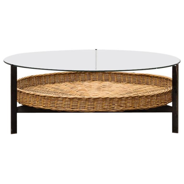 Modernist Two-Tiered Round Coffee Table with Rattan Basket