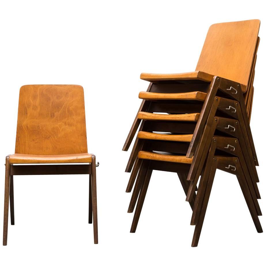 Stacking Roland Rainer Style Two-Toned Stacking School Chairs