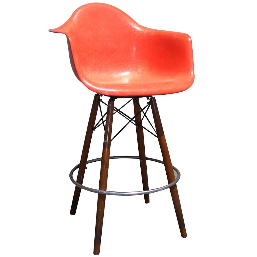 1 Mid-Century Eames H Miller Fiberglass Arm Shell Chair Walnut Moderna Stool For Sale