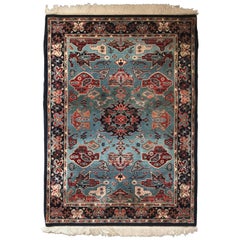 1930s Turkish Red, White and Blue Hali Rug with Fringe