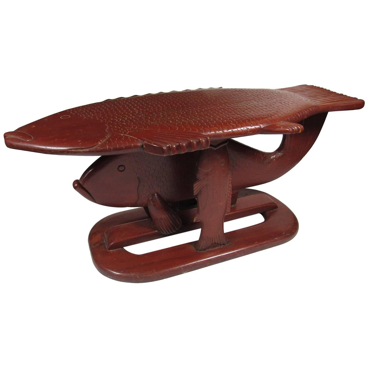 Vintage, mid-20th century, Whimsical, Folk Art carved wood fish form coffee table, 
Dimensions: 20 x 48 x 23 inches.