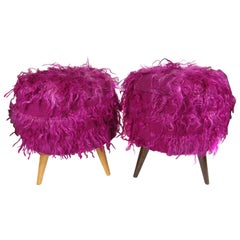 Pair of Turkish Mid-Century Modern Magenta Shag Ottomans