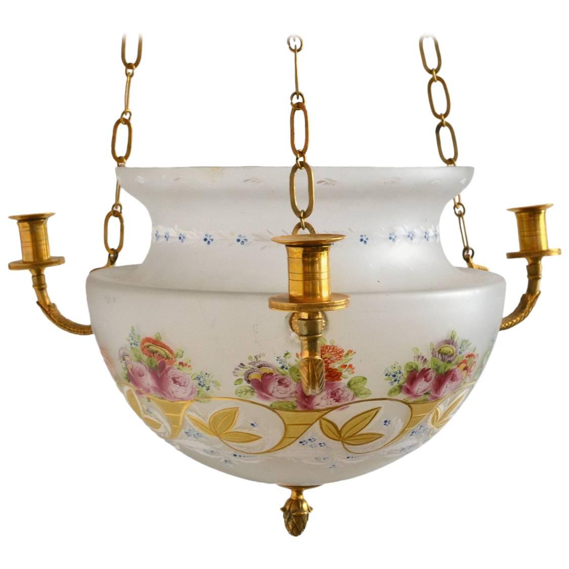 Swedish Painted Glass Empire Hanging Lantern/Lamp, Early 19th Century