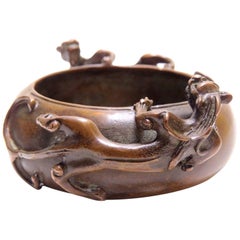 Bronze Dragon Brush Wash, Bowl, Incense Burner, by Wu Yan Jin, Signed