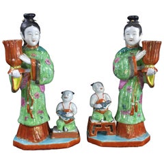 Pair of Rare Chinese Candlestick Figures, Ladies Children and Birds, circa 1780