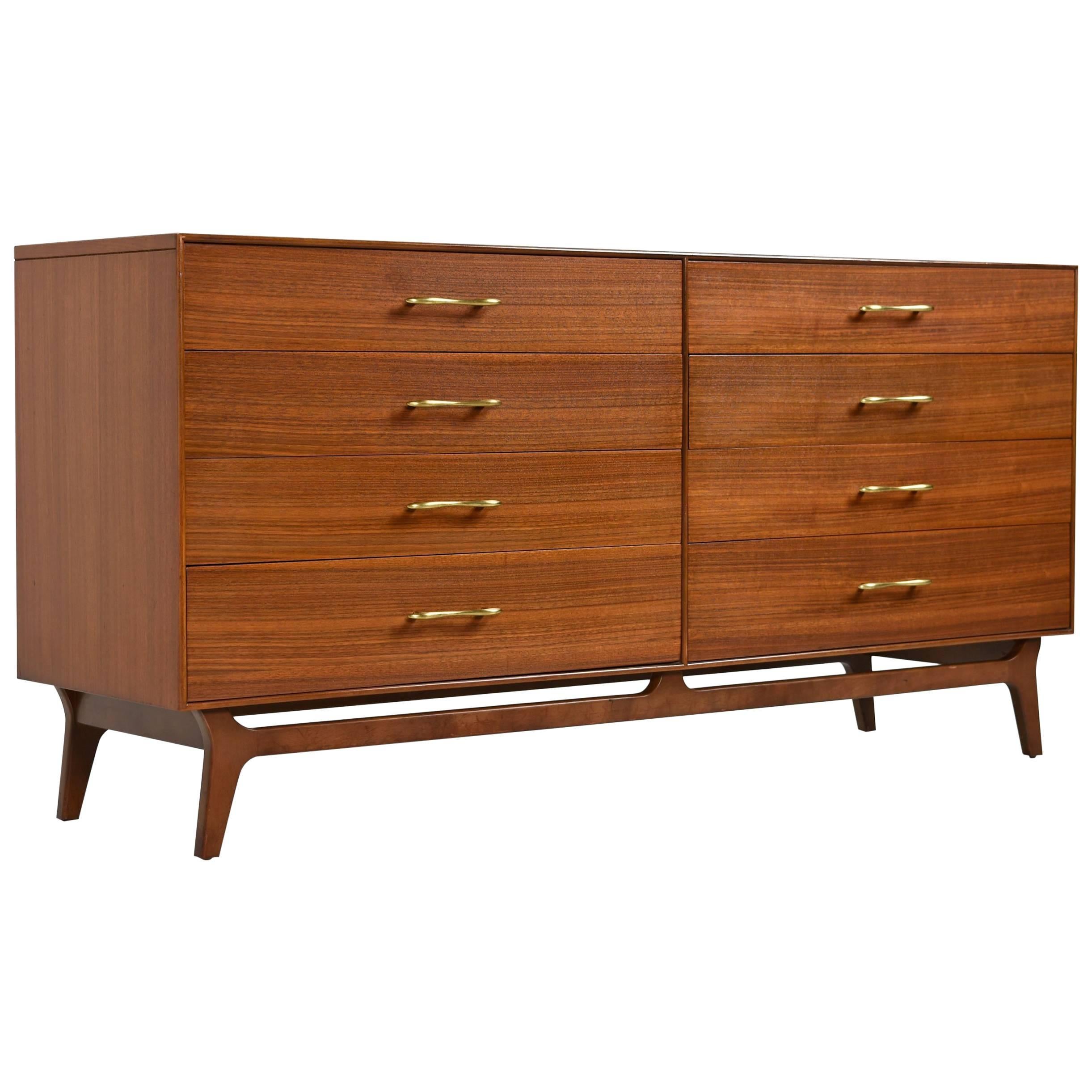 RWAY Mid-Century Modern Walnut Double Dresser with Brass Pulls