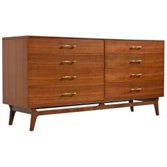 RWAY Mid-Century Modern Walnut Double Dresser with Brass Pulls