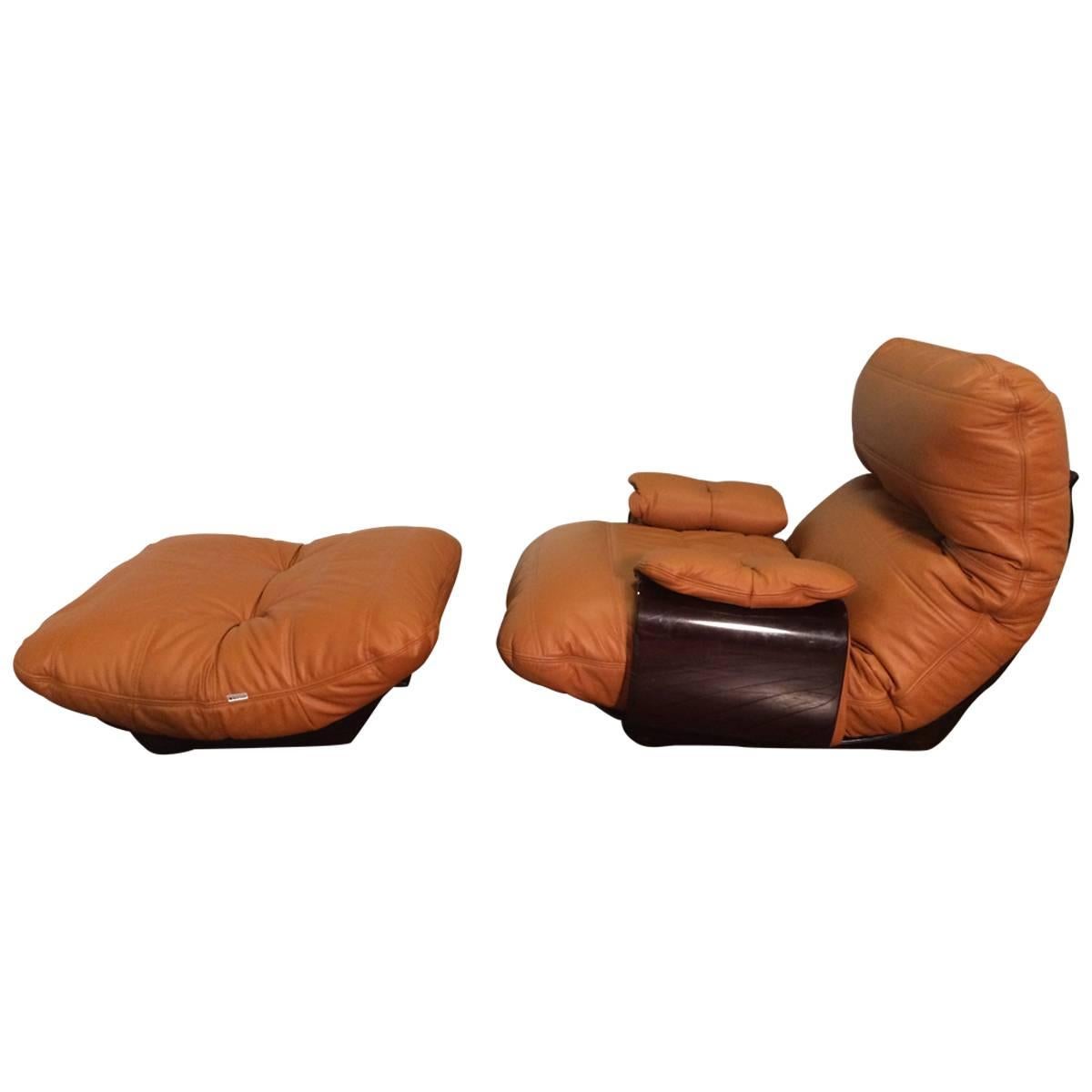 Cognac Leather Marsala Lounge Chair and Pouf by Michel Ducaroy for Ligne Roset For Sale