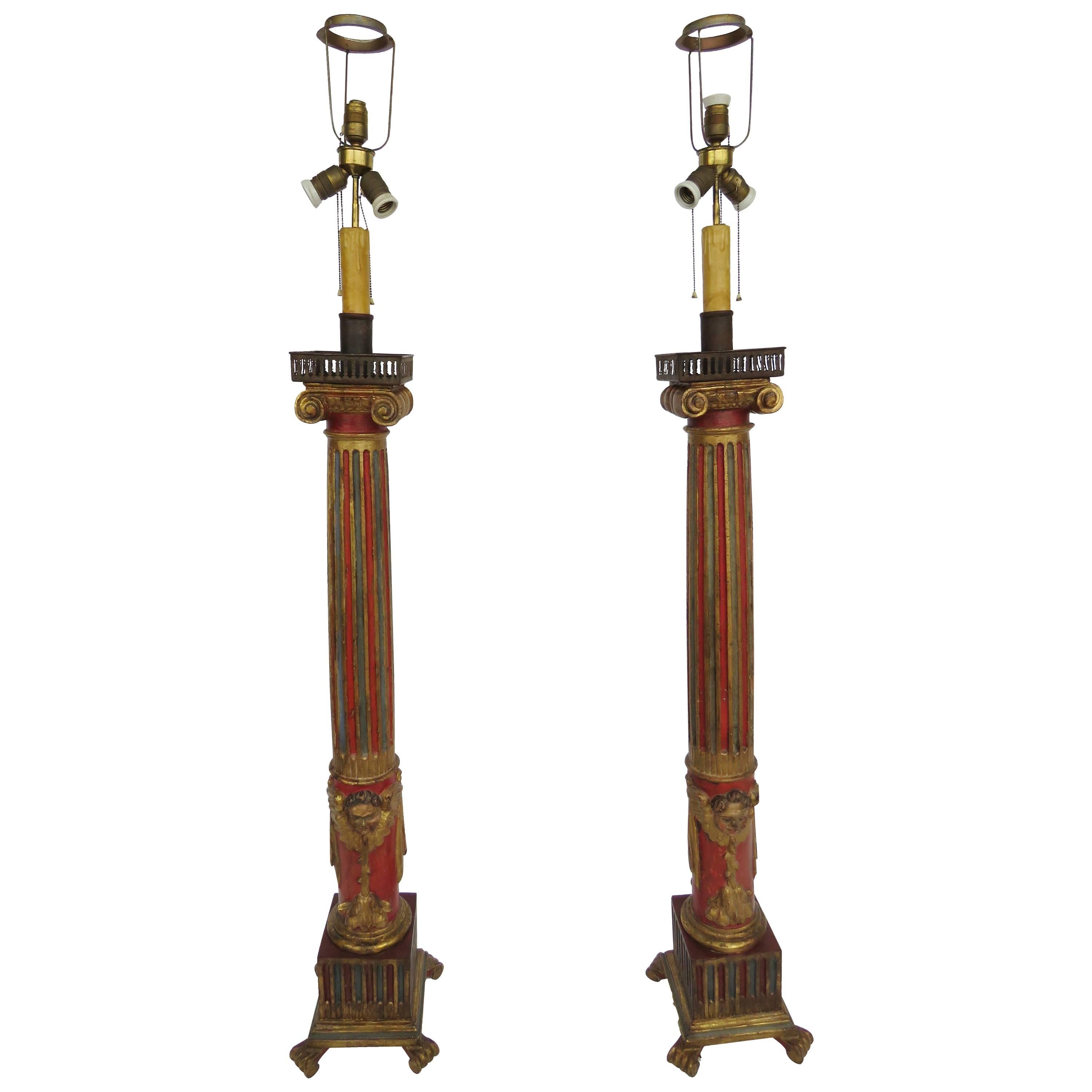 19th Century Pair of Large Polychrome Wood Floor Lamps For Sale