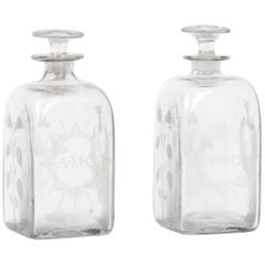 Antique Early 20th Century Pair of Etched Glass Decanters Thistles