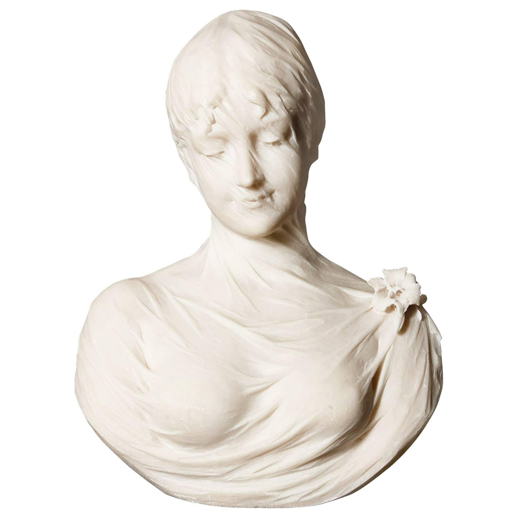 Hand-Carved Antique Italian White Marble Bust of a Young Lady by Cesare Lapini