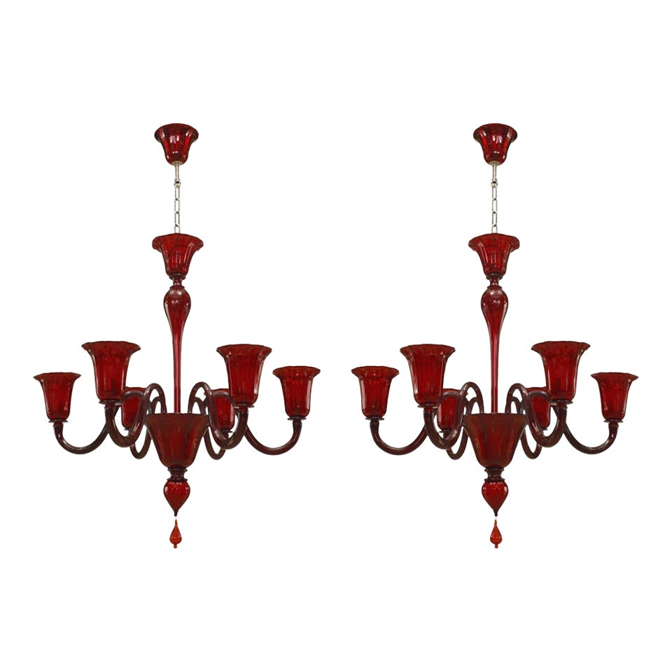 2 Venetian Murano Ruby Red Glass Chandeliers