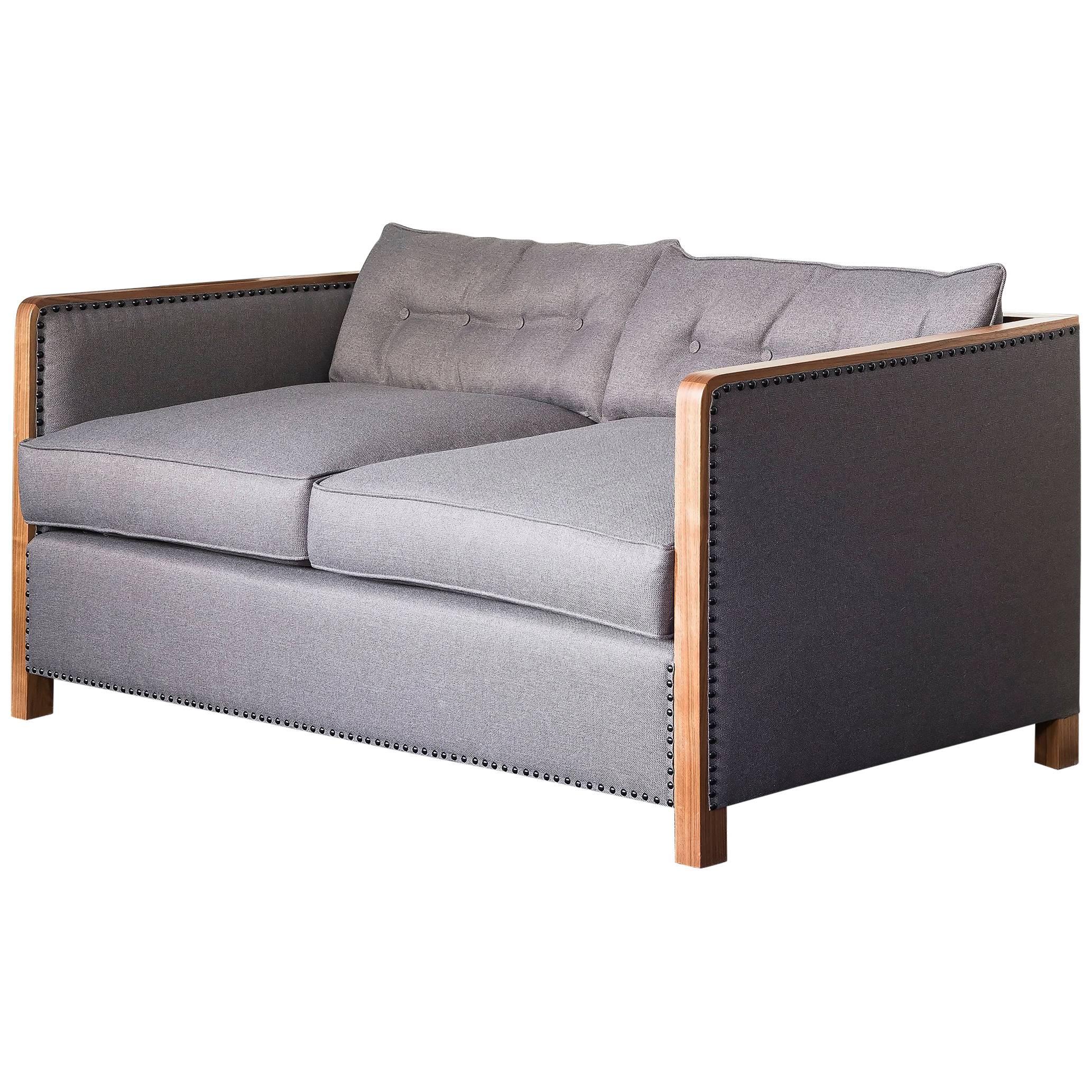 Art Deco Style Bacco Two-Seat Sofa in Natural Walnut, Linen and Gunmetal Studs For Sale
