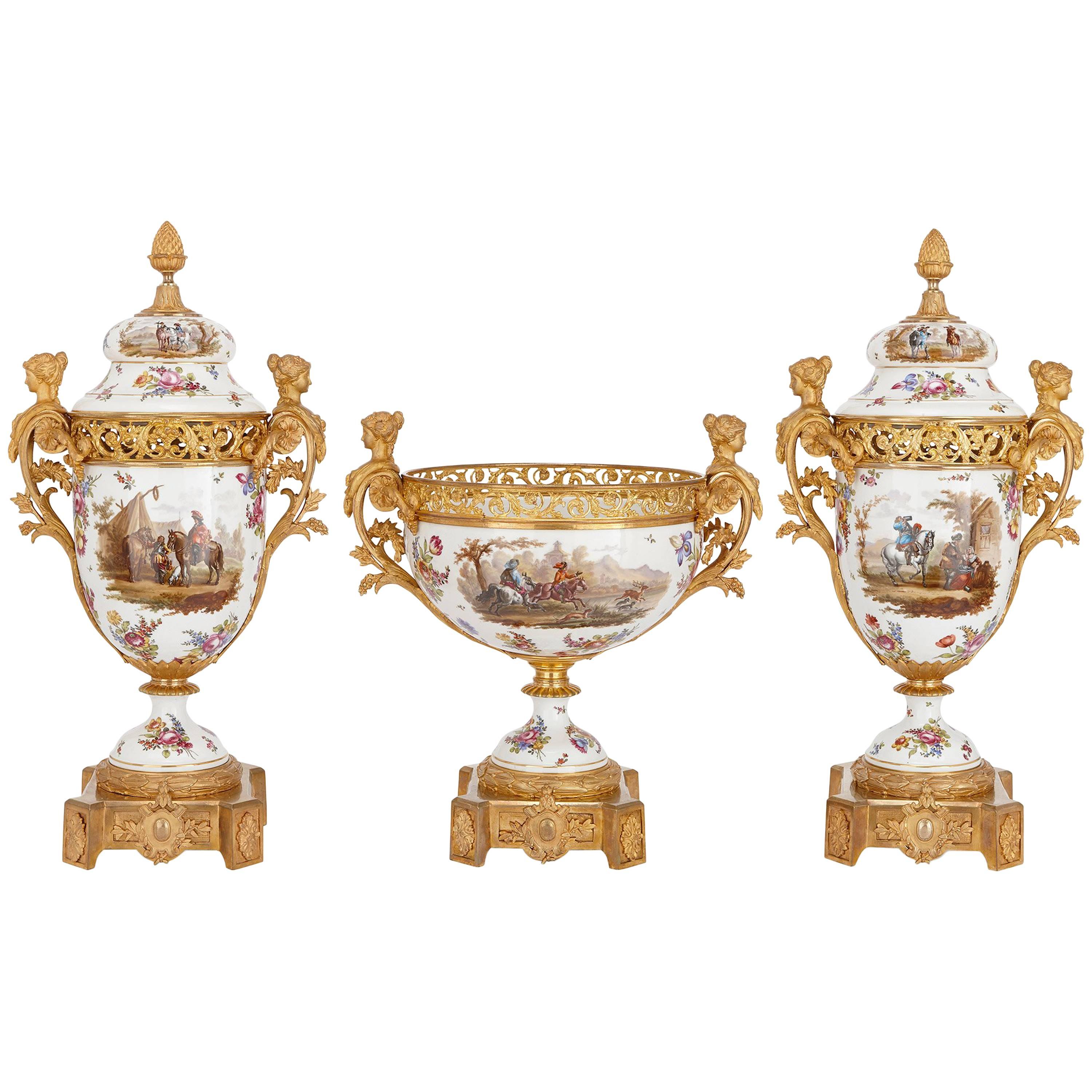 French Neoclassical Style Ormolu and Sèvres Porcelain Three-Piece Garniture